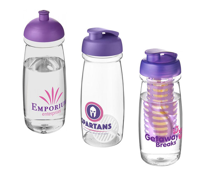 Purple H<sub>2</sub>O Active® Pulse 600ml Sports Bottle - Dome Lid (L), Flip Lid & Shaker Ball (C), Flip Lid & Infuser (R)