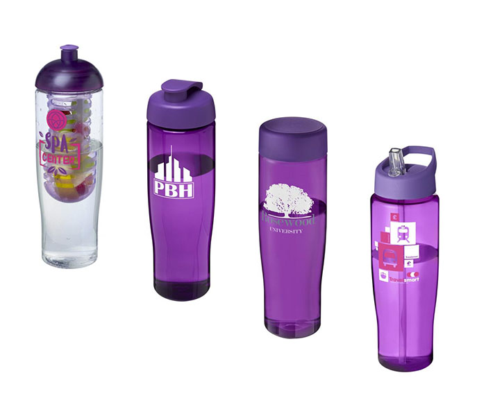 Purple H<sub>2</sub>O Active® Tempo 700ml Sports Bottle - Showing A Selection of Lids & Accessories
