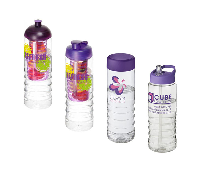 Purple H<sub>2</sub>O Active® Treble 750ml Sports Bottle - Showing A Selection of Lids & Accessories