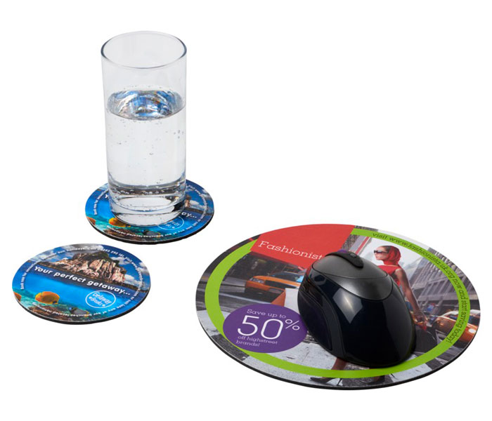 Q-Mat Mouse Mat Set - Round Mouse Mat & Coasters with Glass of Water