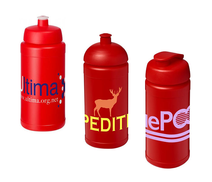Red Baseline Plus® 500ml Sports Bottles - Sports Lid (L), Dome Lid (C), Flip Lid (R)