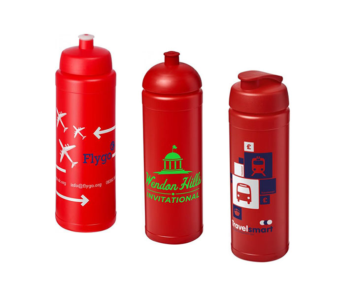Red Baseline Plus® 750ml Sports Bottles with Sports Lid (L), Dome Lid (C), Flip Lid (R)