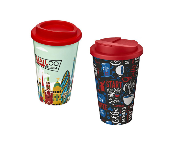 Red Brite-Americano® 350ml Tumblers with Twist-On (L) and Spill-Proof (R) Lids