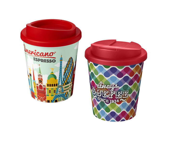 Red Brite-Americano® Espresso 250ml Tumblers with Twist-on (L) and Spill-proof (R) Lids