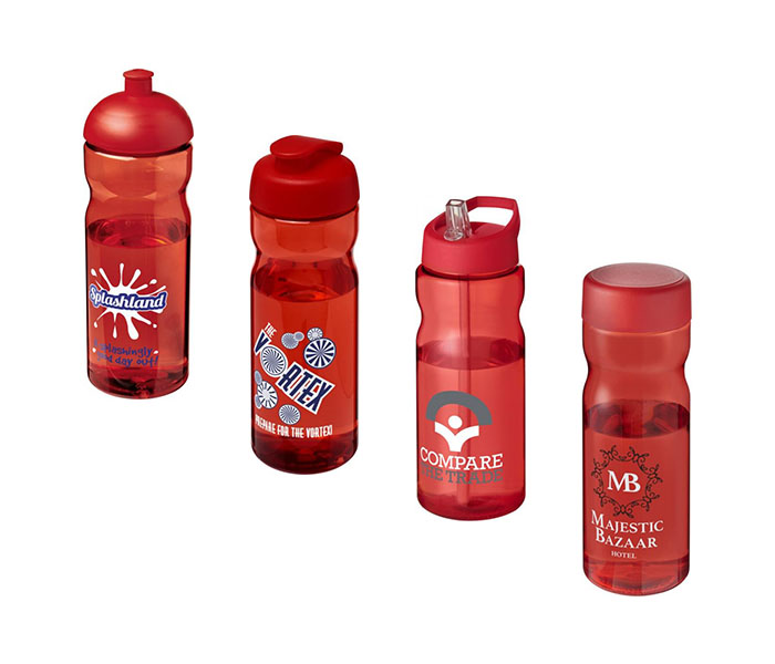 Red H<sub>2</sub>O Active® Base 650ml Sports Bottle - Showing A Selection of Lids & Accessories