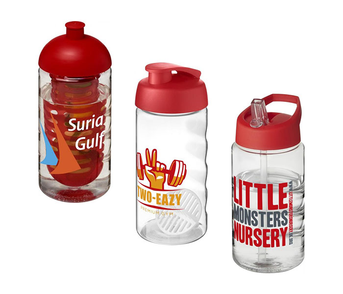 Red H<sub>2</sub>O Active® Bop 500ml Sports Bottle - Dome Lid & Infuser (L) Flip Lid & Shaker Ball (C), Spout Lid (R)