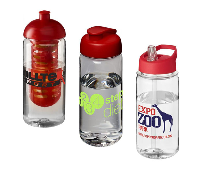 Red H<sub>2</sub>O Active® Octave Tritan™ 600ml Sports Bottle - Dome Lid & Infuser (L), Flip Lid (C), Spout Lid (R)