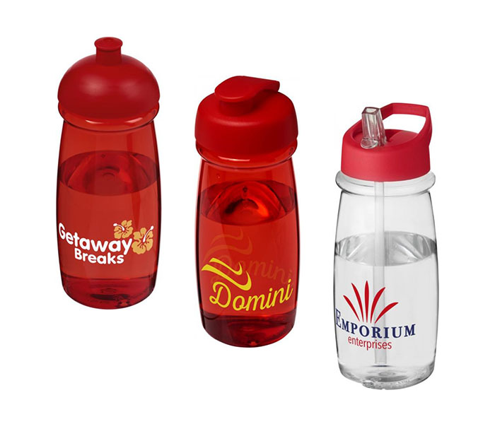 Red H<sub>2</sub>O Active® Pulse 600ml Sports Bottle - Dome Lid (L), Flip Lid (C), Spout Lid (R)