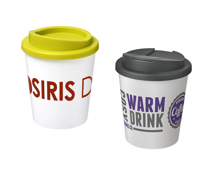 White Americano®  Espresso 250ml Tumbler with Lime Twist-On Lid (L) & Grey Spill-Proof Lid (R)