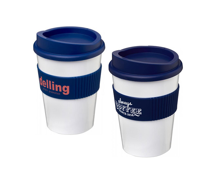 White Americano® Medio 300ml Tumblers with Grip - Blue Grips/Lids