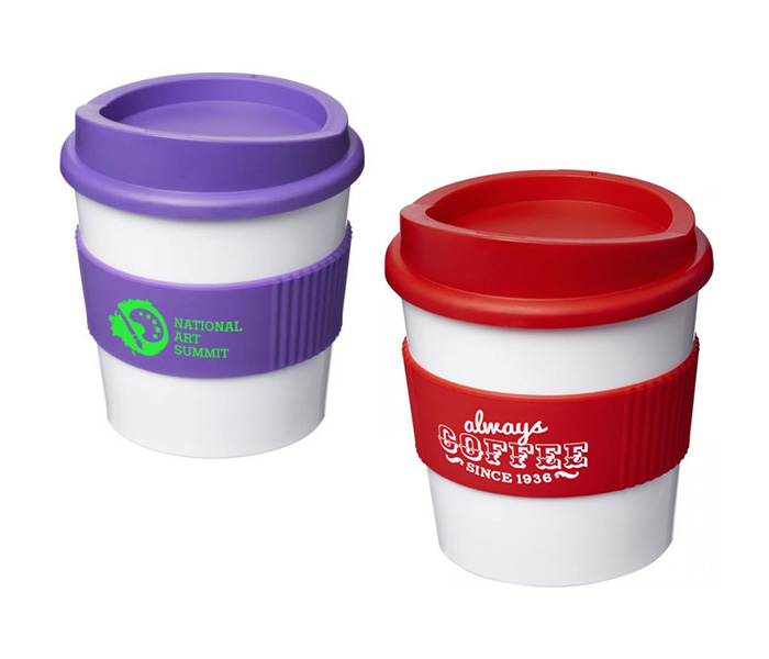 White Americano® Primo 250ml Tumblers with Grip - Red & Purple Grips/Lids