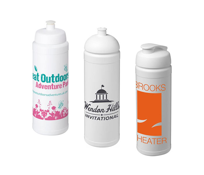 White Baseline Plus® 750ml Sports Bottles with Sports Lid (L), Dome Lid (C), Flip Lid (R)