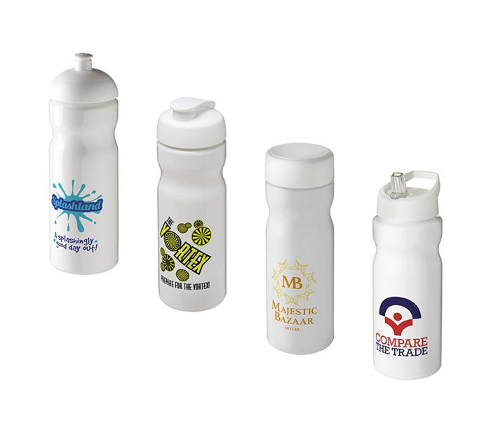 White H<sub>2</sub>O Active® Base 650ml Sports Bottle - Showing Solid White Colour & A Selection of Lids & Accessories