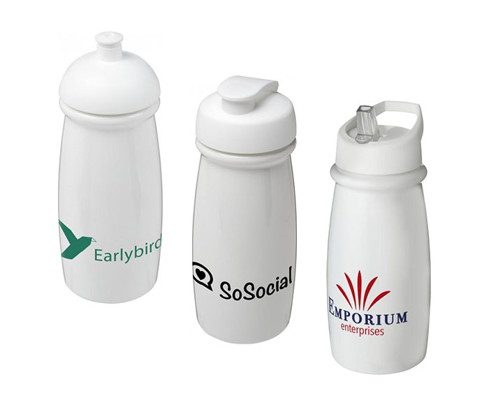 White H<sub>2</sub>O Active® Pulse 600ml Sports Bottle - Dome Lid (L), Flip Lid (C), Spout Lid (R)