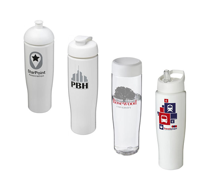 White H<sub>2</sub>O Active® Tempo 700ml Sports Bottle - Showing Solid White Colour & A Selection of Lids & Accessories