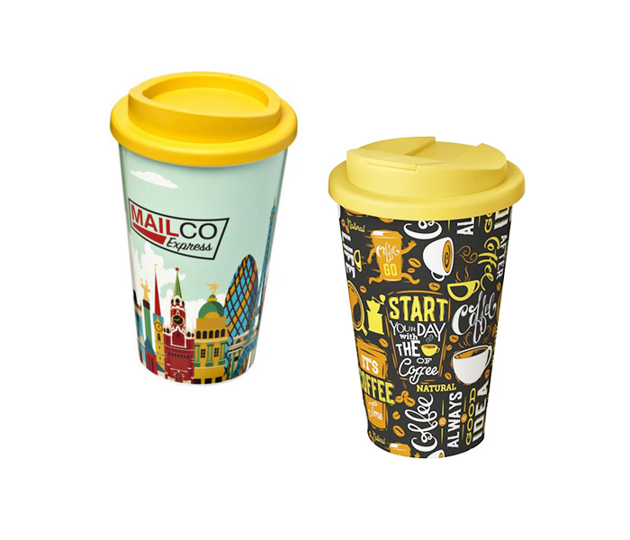 Yellow Brite-Americano® 350ml Tumblers with Twist-On (L) and Spill-Proof (R) Lids