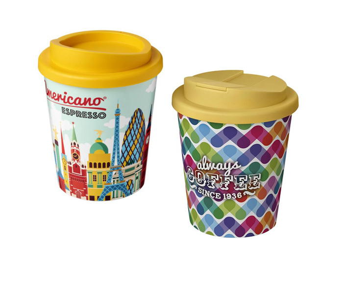 Yellow Brite-Americano® Espresso 250ml Tumblers with Twist-on (L) and Spill-proof (R) Lids