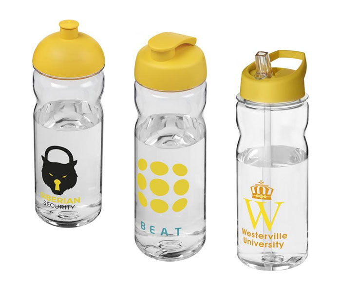 Yellow H<sub>2</sub>O Active® Base Tritan™ 650ml Sports Bottle - Dome Lid (L), Flip Lid (C), Spout Lid (R)