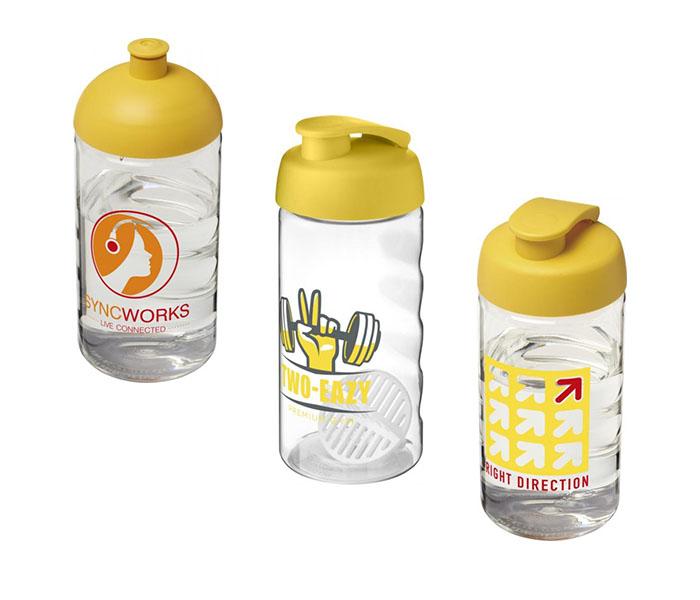 Yellow H<sub>2</sub>O Active® Bop 500ml Sports Bottle - Dome Lid (L) Flip Lid & Shaker Ball (C), Flip Lid (R)