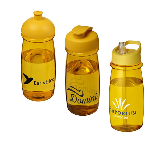 Yellow H<sub>2</sub>O Active® Pulse 600ml Sports Bottle - Dome Lid (L), Flip Lid (C), Spout Lid (R)